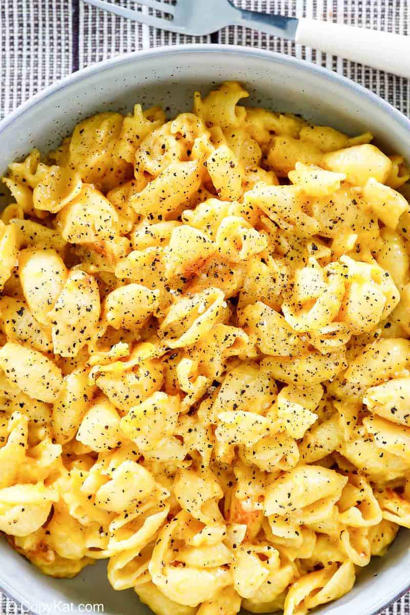 overhead view of Instant Pot Macaroni and Cheese in a bowl