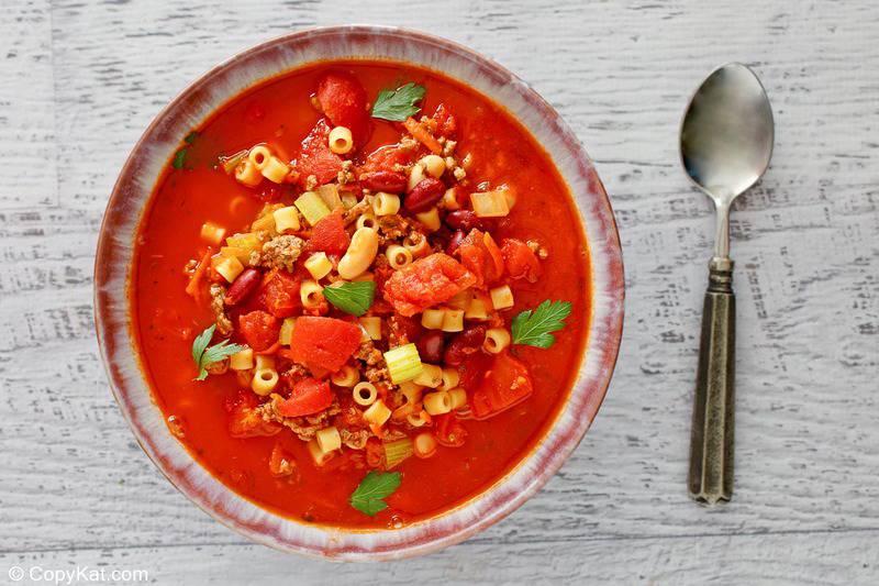 overhead view of a bowl of homemade Olive Garden Pasta e Fagioli soup