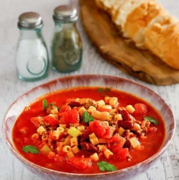 a bowl of homemade Olive Garden Pasta e Fagioli soup