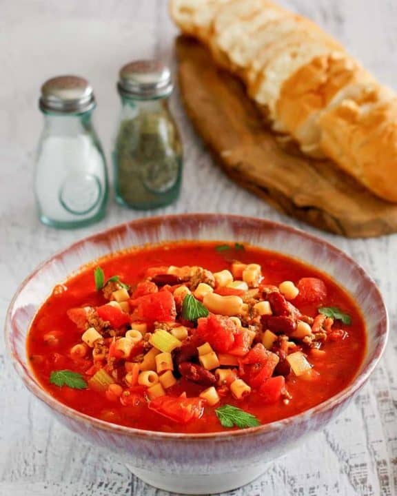a bowl of homemade Olive Garden Pasta e Fagioli soup
