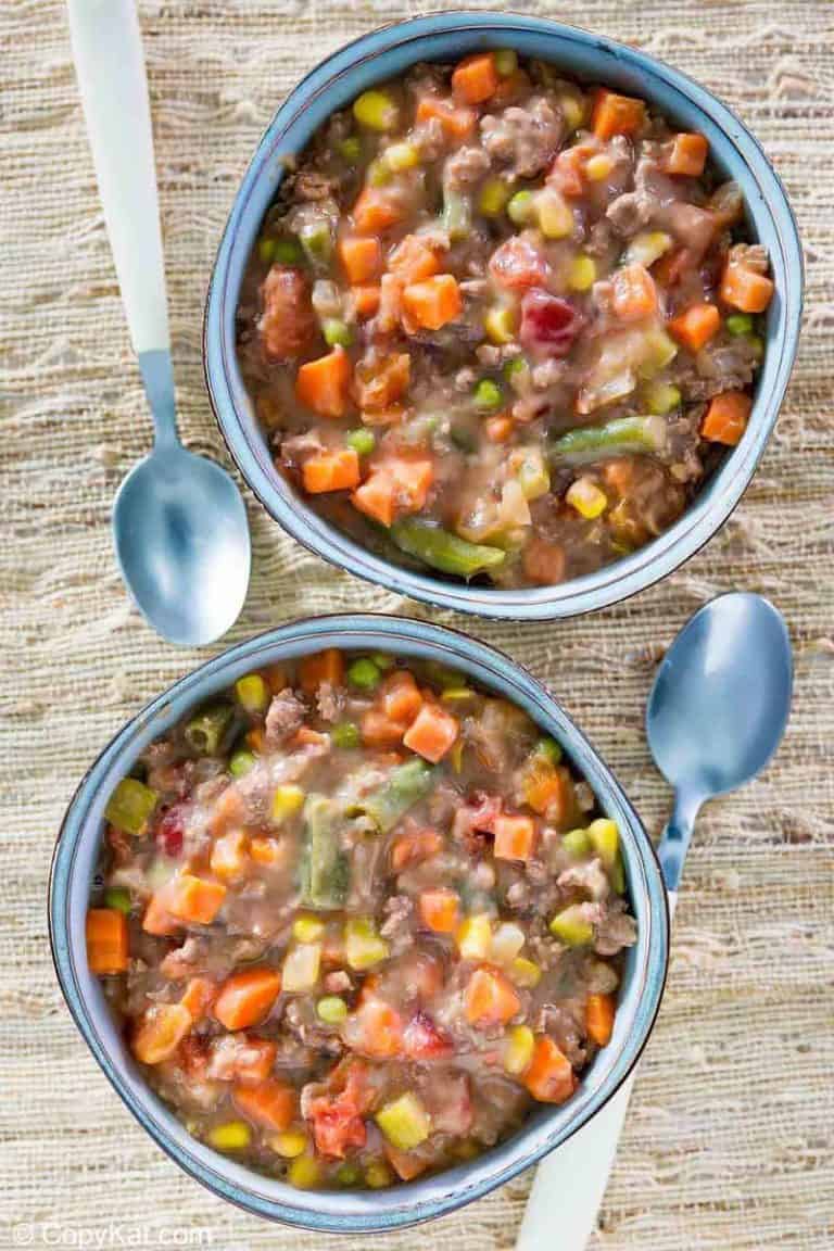 overhead view of two bowls of homemade Plaza III steak soup