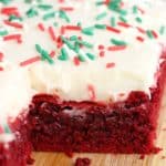 closeup of red velvet brownies with cream cheese frosting
