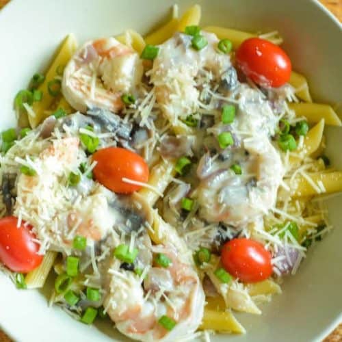a bowl of homemade Bennigan's shrimp pasta