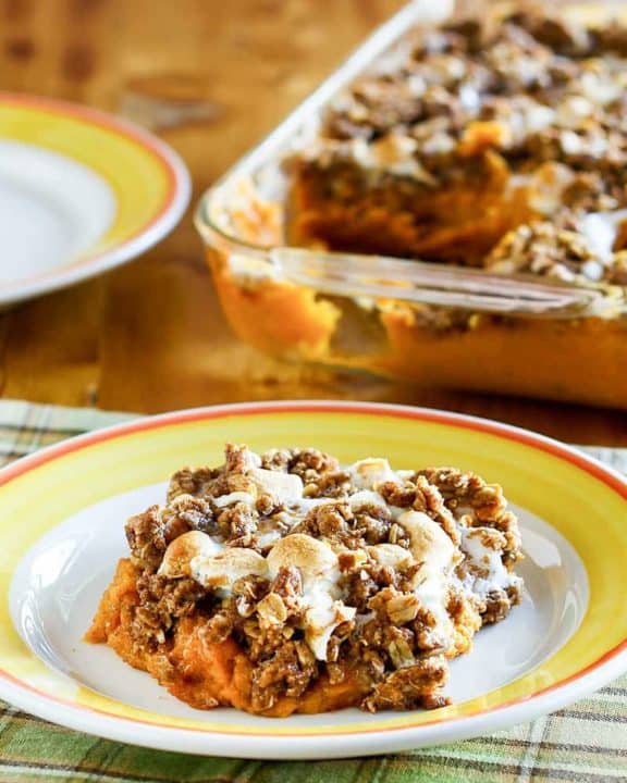homemade Boston Market sweet potato casserole on a plate and in a baking dish