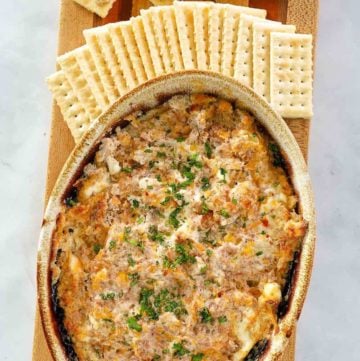 overhead view of hot boudin dip and crackers