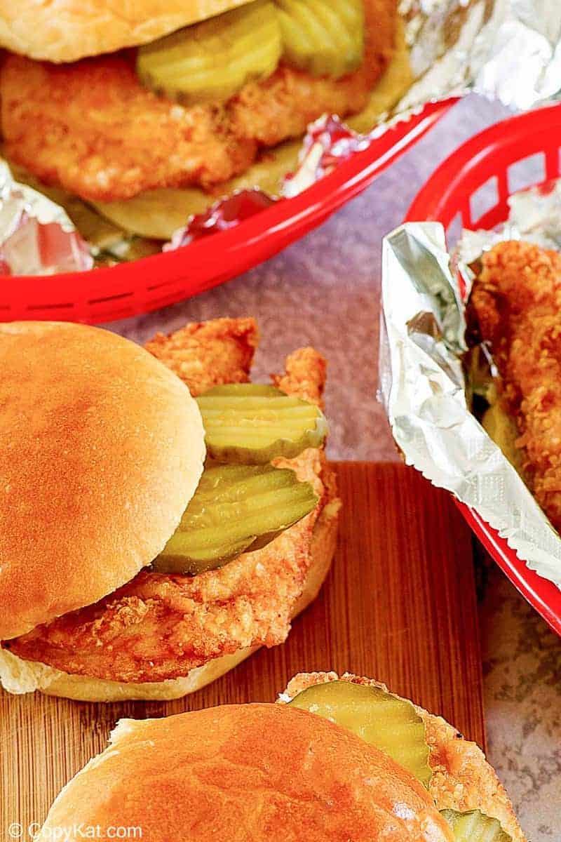 four homemade Chick Fil A Chicken Sandwiches