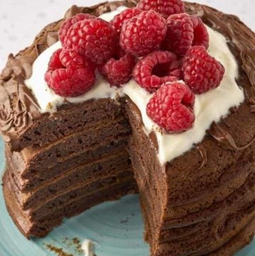 chocolate pancakes stack with a wedge cut out of it