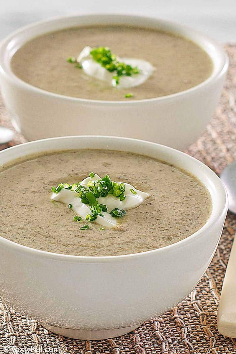 two bowls of homemade gluten-free cream of mushroom soup