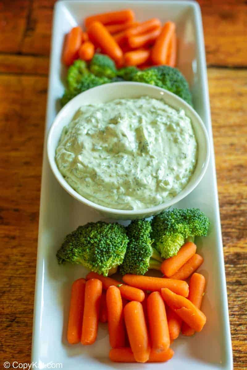 green goddess dip, broccoli, and carrots