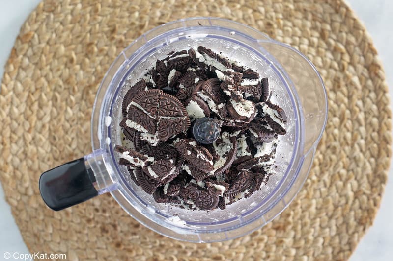 milk, vanilla ice cream, and chopped Oreo cookies in a blender