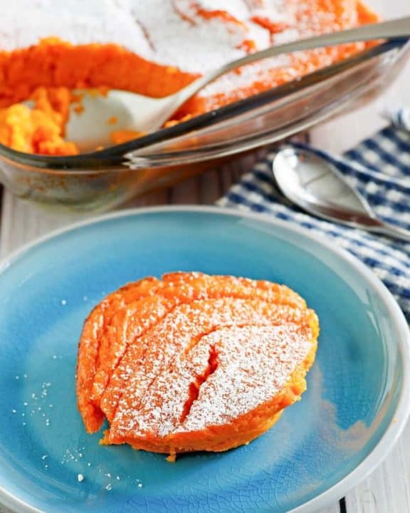 a serving of homemade Piccadilly carrot souffle on a plate