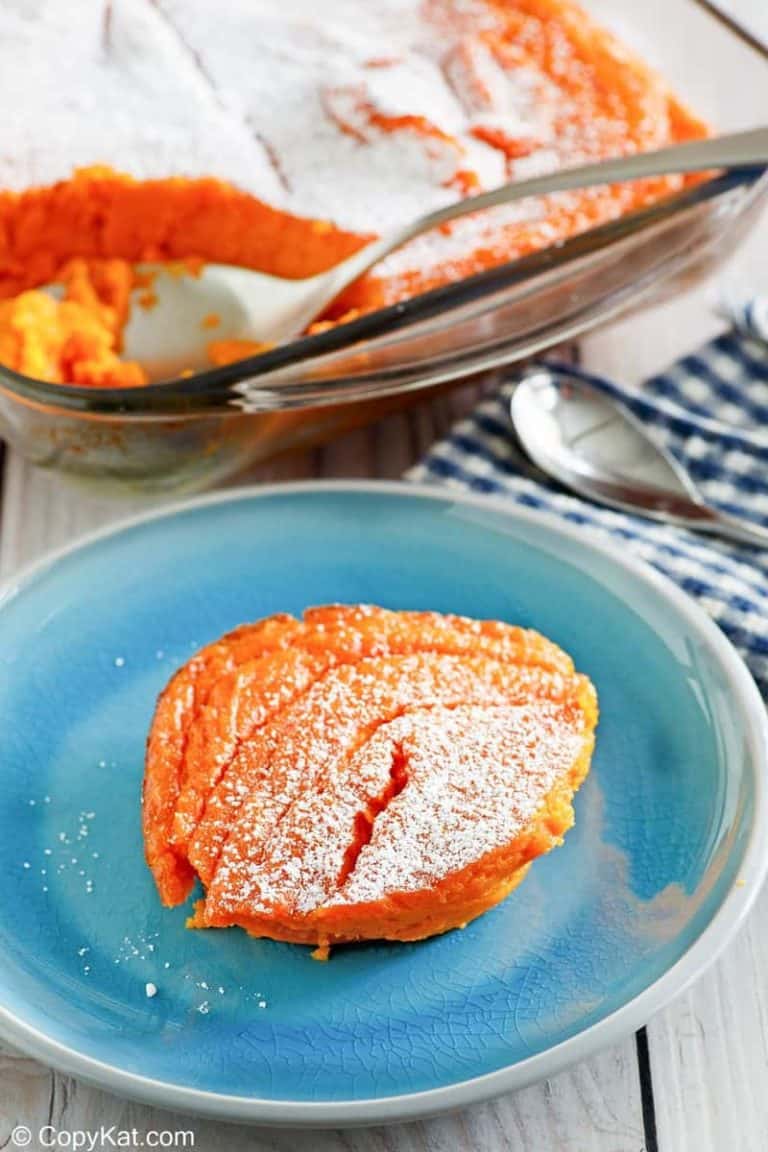 a serving of homemade Piccadilly carrot souffle on a plate