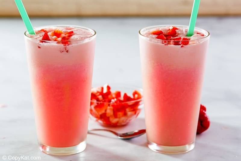 Homemade Starbucks pink drink and fresh strawberries