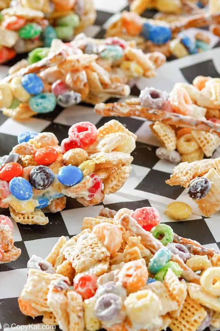 closeup photo of white trash candy snack pieces