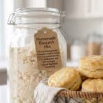 Homemade Bisquick mix in a jar and a basket of biscuits.