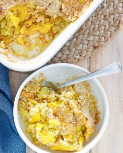 homemade Black Eyed Pea Yellow Squash Casserole in a baking dish and a bowl
