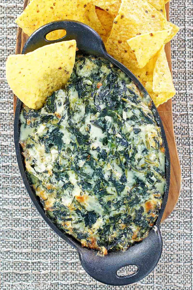 overhead view of homemade Cheddar's Santa Fe spinach dip and tortilla chips