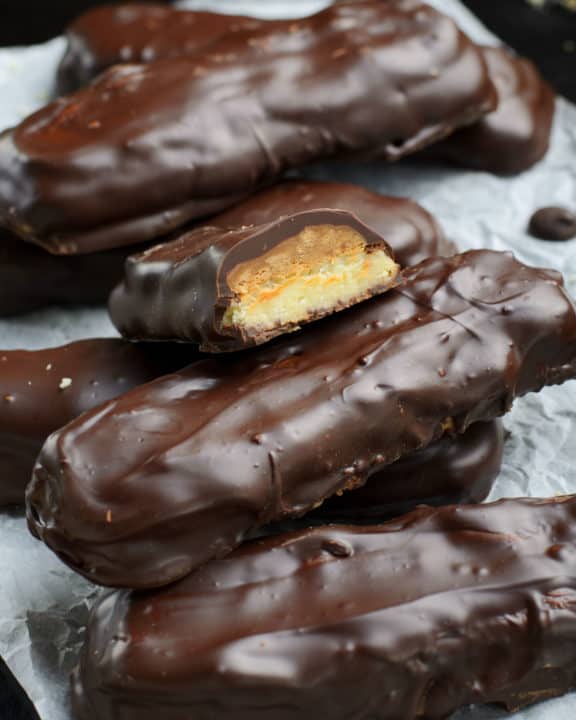homemade Twix bars on parchment paper