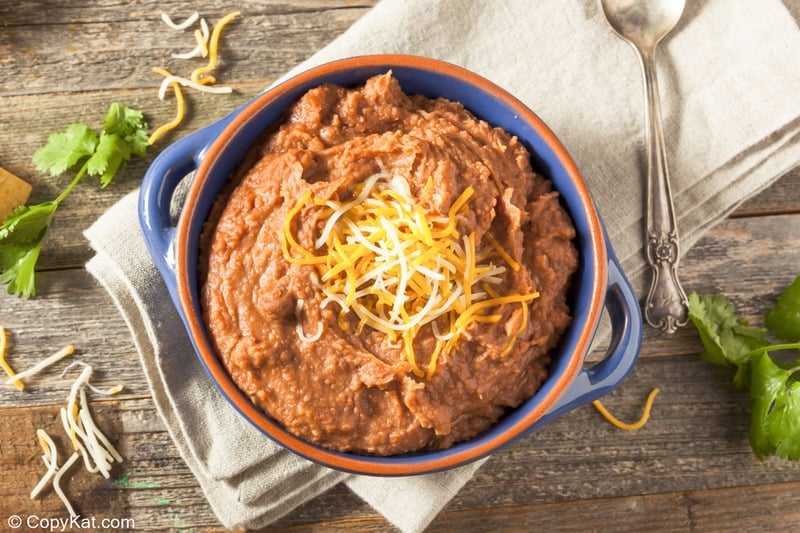 overhead view of a bowl of Instant Pot refried beans