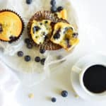 overhead view of two blueberry muffins and a cup of coffee