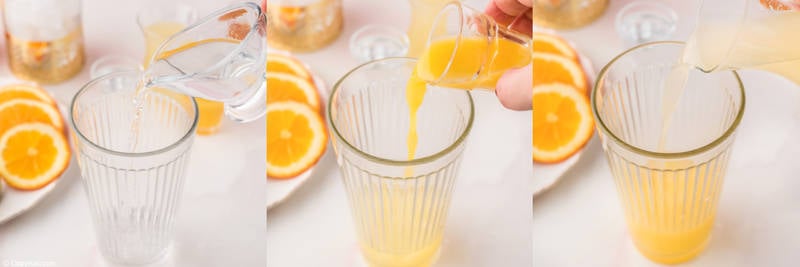pouring tequila, orange juice, and sour mix into a cocktail shaker