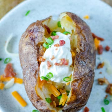 overhead view of a loaded baked potato