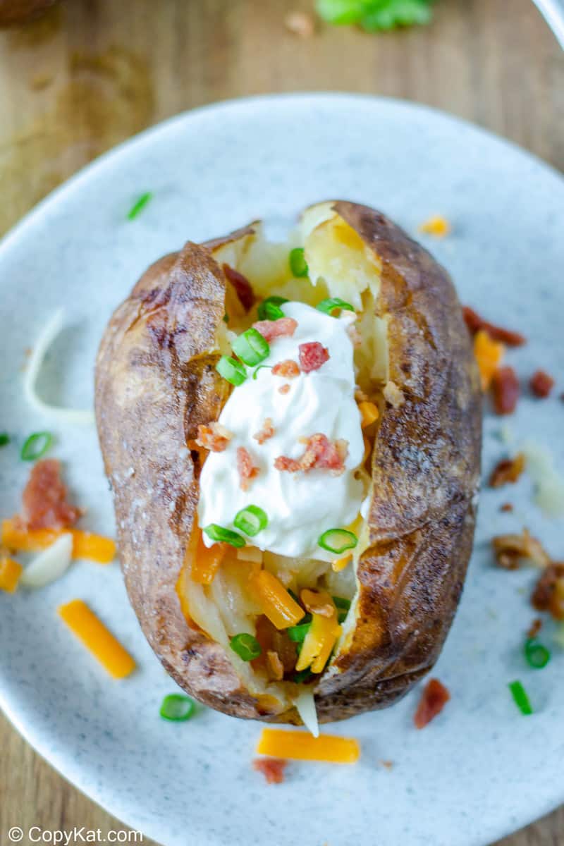 overhead view of a loaded baked potato