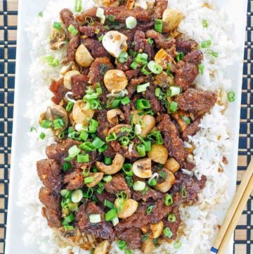 homemade Pei Wei Mongolian Beef and rice on a platter