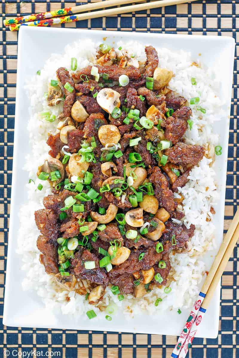 homemade Pei Wei Mongolian Beef and rice on a platter