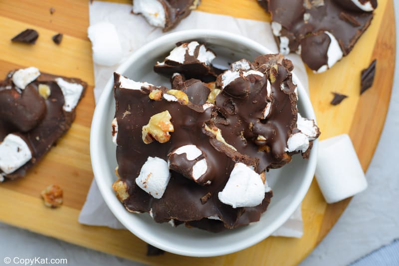 overhead view of rocky road candy with walnuts in a bowl