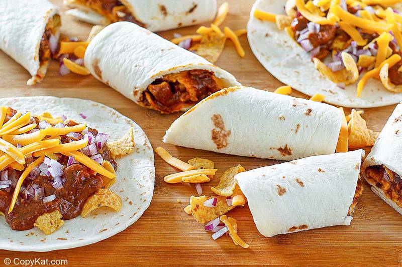 folded and open homemade Sonic Fritos chili cheese wraps