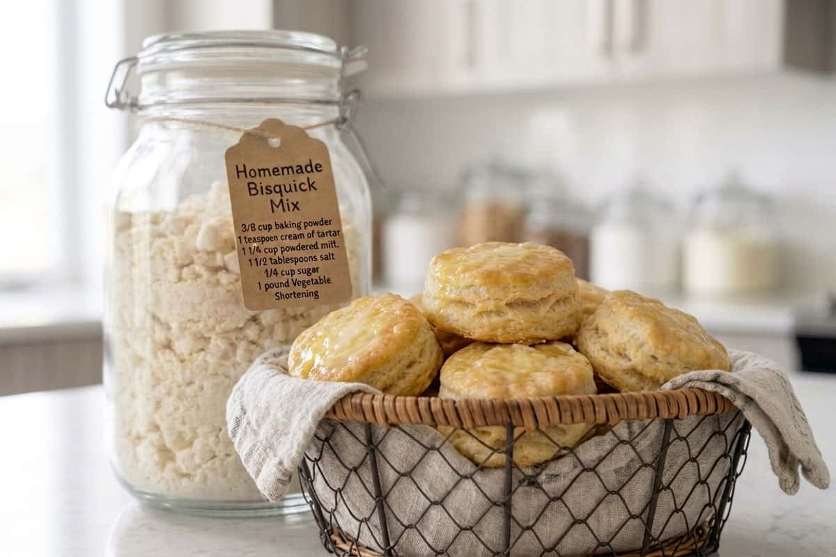 Biscuits and a jar of homemade biscuit mix on a kitchen counter.