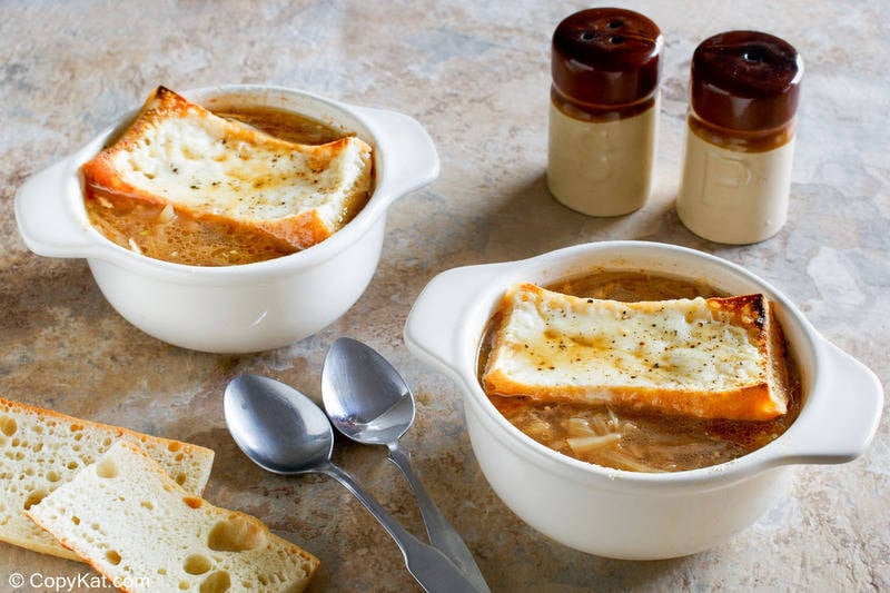 two bowls of homemade Applebee's French Onion Soup