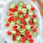overhead view of homemade Cracker Barrel Cucumber Tomato and Onion Salad