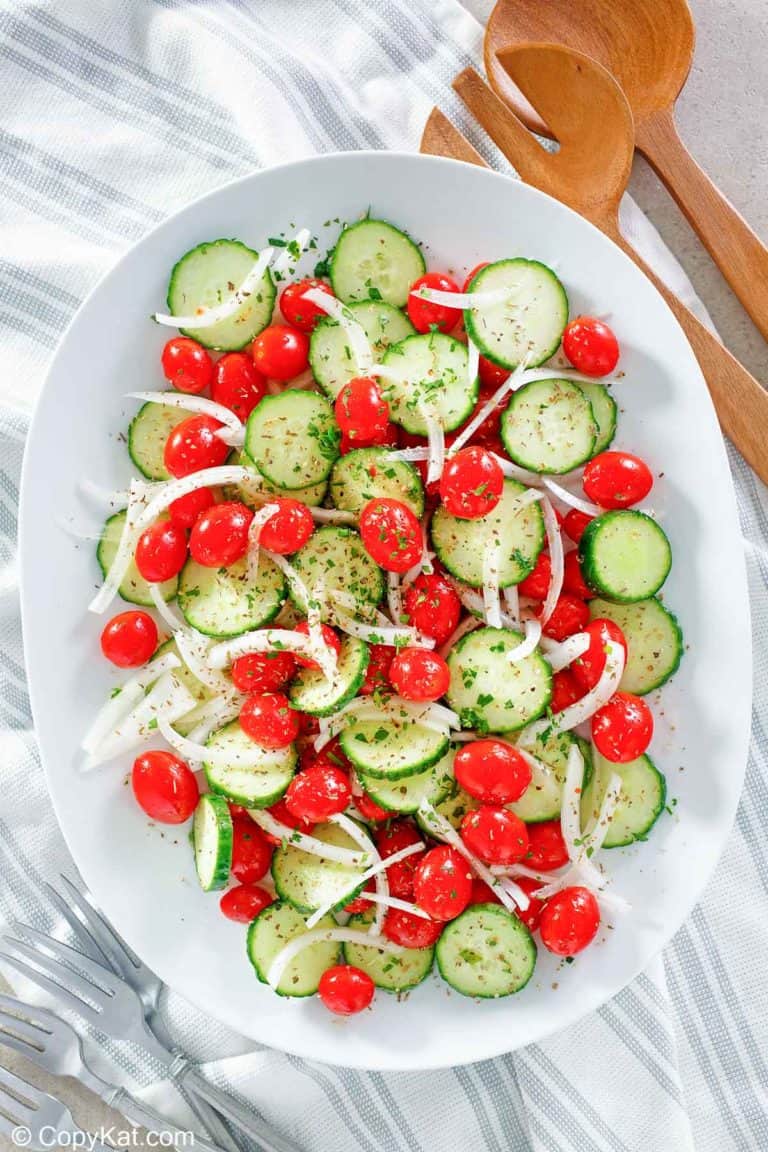 overhead view of homemade Cracker Barrel Cucumber Tomato and Onion Salad