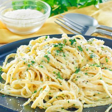 creamy alfredo sauce with fettuccine noodles on a plate