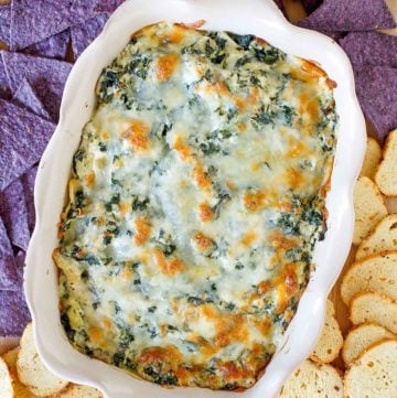 homemade Olive Garden spinach artichoke dip, crostini, and tortilla chips
