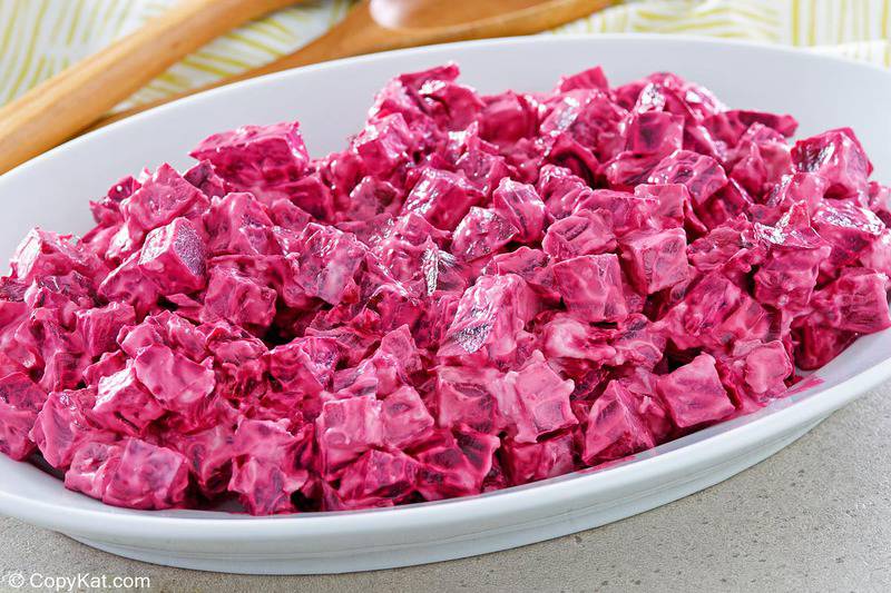 sour cream beet salad on a white platter