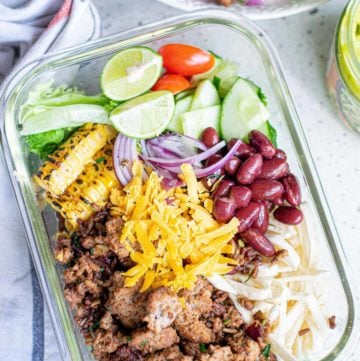 overhead view of a taco bowl with ground beef