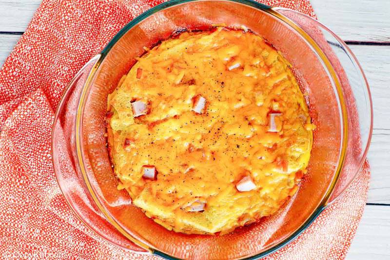 ham egg and cheese casserole in a baking dish