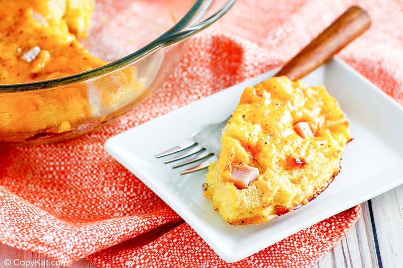 ham egg and cheese casserole and a fork on a plate