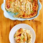 baked potato casserole in a dish and on a plate