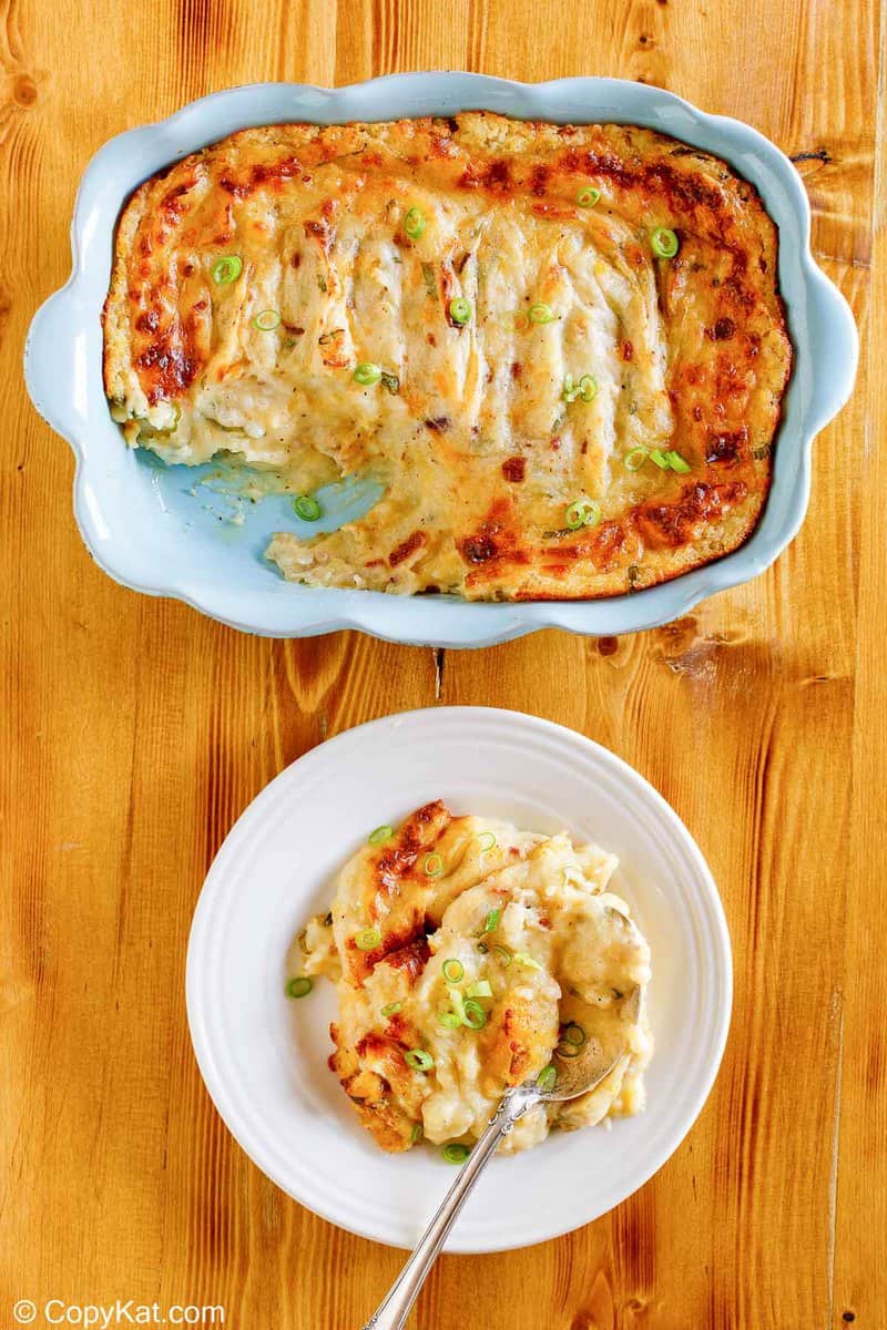 baked potato casserole in a dish and on a plate