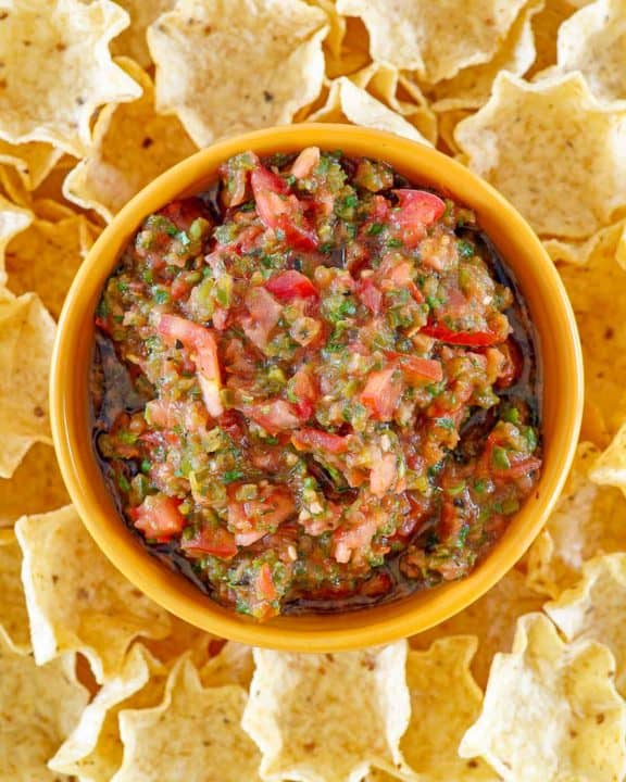 overhead view of homemade Pappasito's salsa in a bowl and tortilla chips