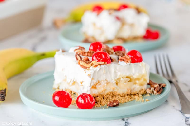 two slices of banana split cake