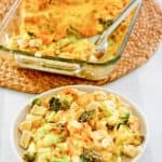 chicken divan casserole in a baking dish and on a plate