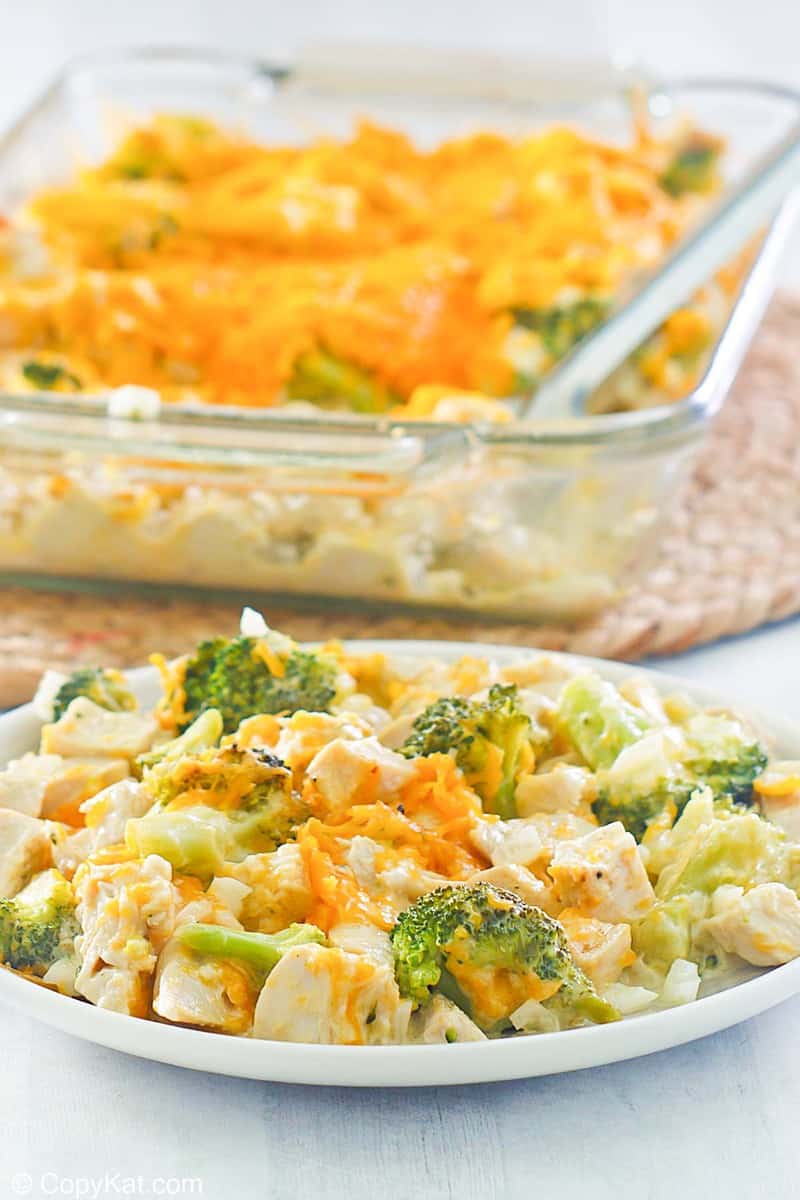 chicken divan casserole on a plate and in a baking dish