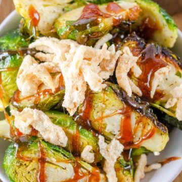 overhead view of homemade Red Lobster crispy brussel sprouts in a bowl