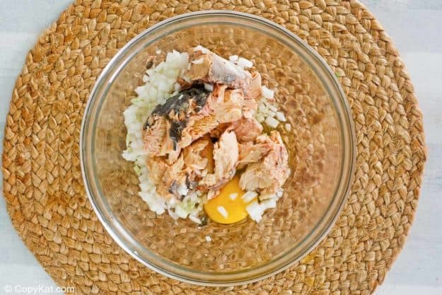 salmon patties ingredients in a mixing bowl