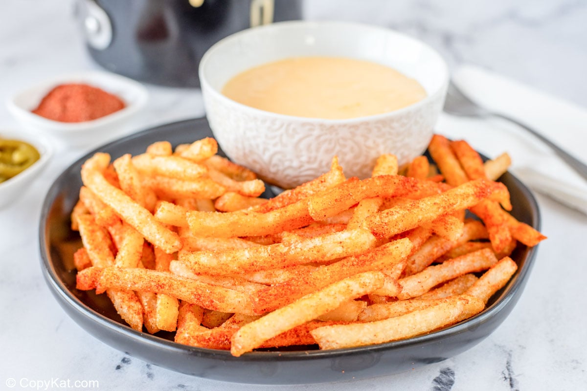 homemade Taco Bell nacho fries and a bowl of cheese sauce